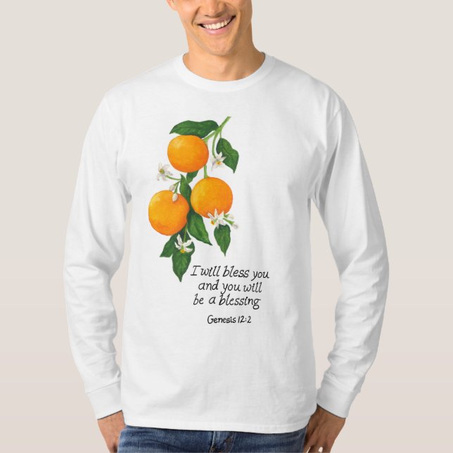 Camiseta Gênesis da Fruta laranja 12:2 (Frente)