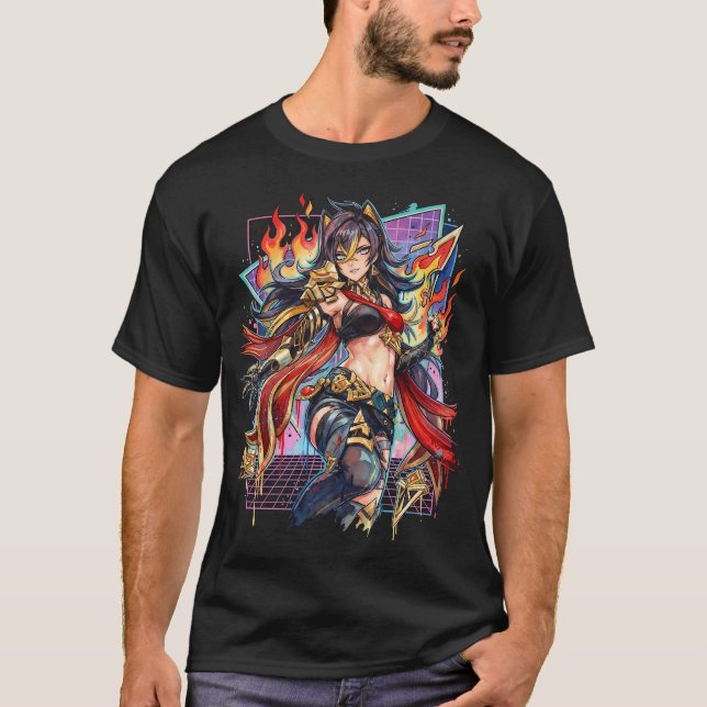 Camiseta Genshin Dehya Longo Cabelo Escuro Dourado Listrado (Frente)