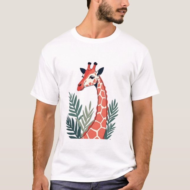 Camiseta Gentil Girafa com Folhas Tropicais (Frente)