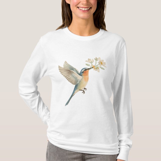 Camiseta Gentle Bird Offering Flowers Watercolor Tee (Frente)