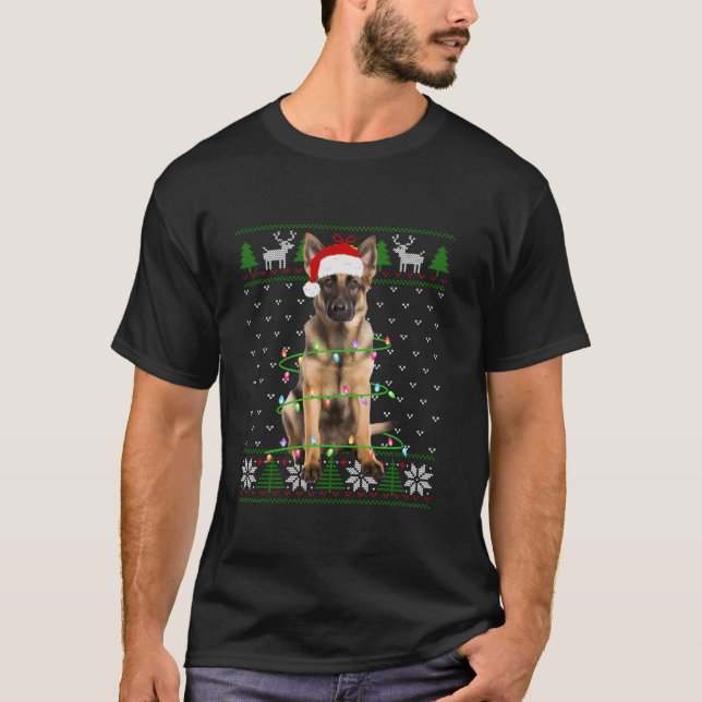 Camiseta German shepherd Cachorro Árvore de Natal Luzes de  (Frente)