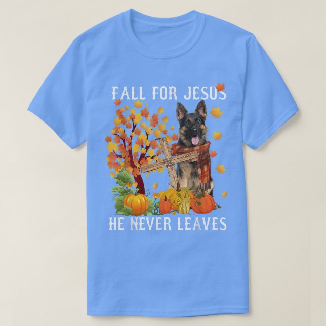 Camiseta German shepherd de outono cai por Jesus que ele nu (Frente do Design)