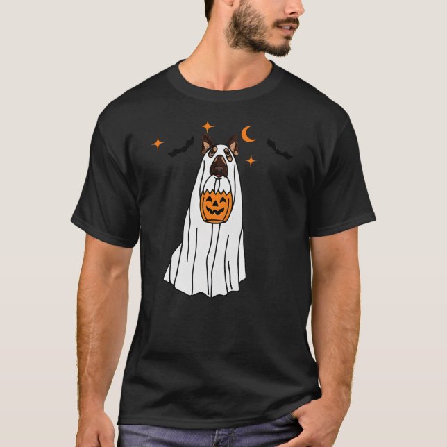 Camiseta German Shepherd Dog Ghost and Pumpkin Halloween Fu (Frente)