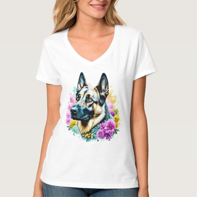 Camiseta German shepherd em Flores Rosa e Amarelo (Frente)