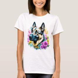 Camiseta German shepherd em Flores Rosa e Amarelo
