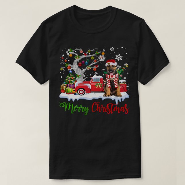 Camiseta German shepherd GSD Red Truck Árvore de Natal Feli (Frente do Design)