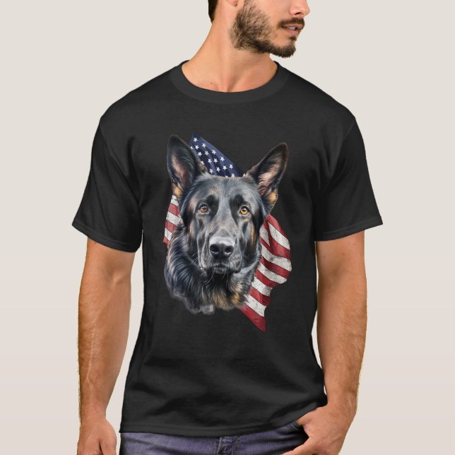 Camiseta German shepherd Negro 4 De Julho Cão Americano Fl (Frente)