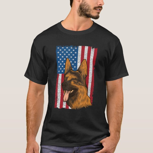 Camiseta German shepherd Patriótico Cão Americano 4 De Julh (Frente)