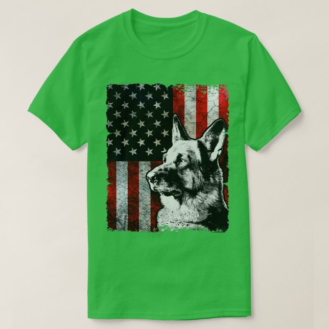 Camiseta German shepherd Patriótico - Cão de Bandeira Ameri (Frente do Design)
