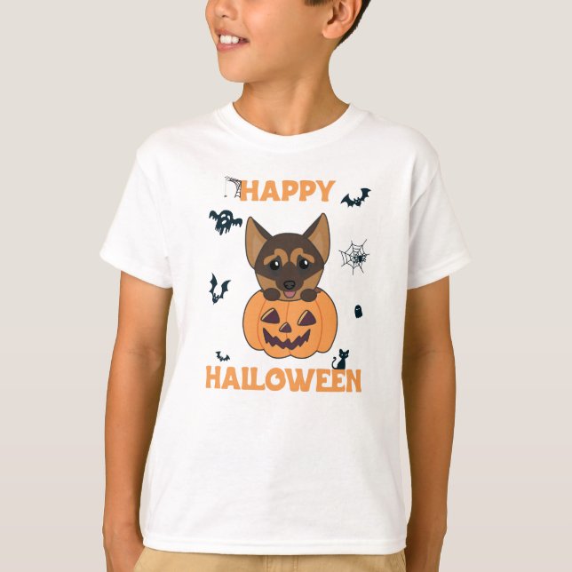 Camiseta German shepherd Pumpkin Feliz Dia das Bruxas (Frente)