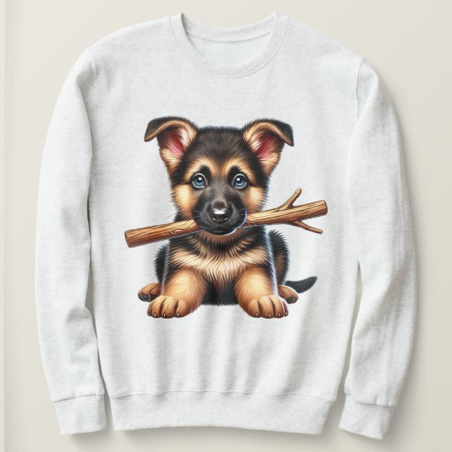 Camiseta German shepherd Puppy Segure um pau na boca (Frente do Design)