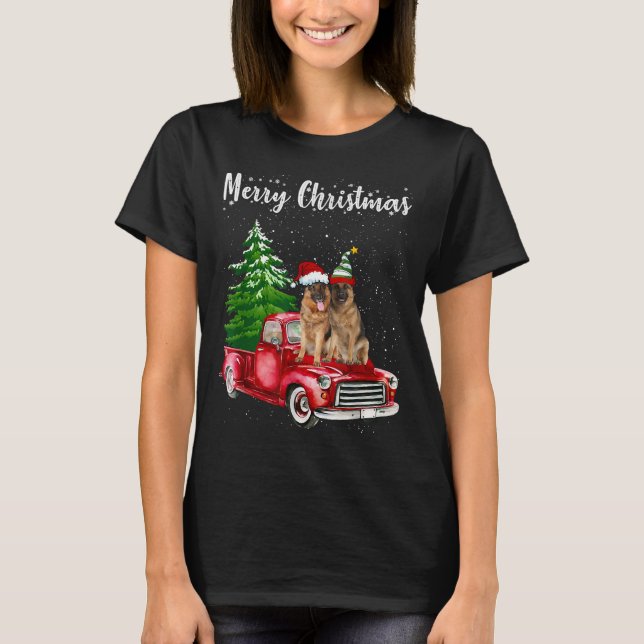 Camiseta German Shepherd Riding Red Truck Merry Christmas D (Frente)