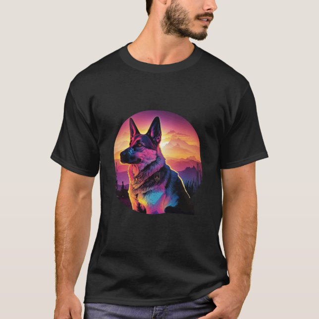 Camiseta German Shepherd Synthwave 80s Retrowave Aesthetic (Frente)