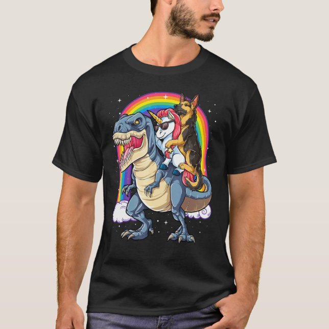 Camiseta German shepherd Unicorn Andando Dinossauro T Rex G (Frente)