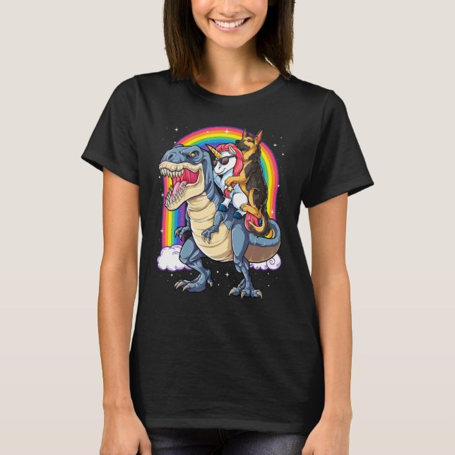 Camiseta German shepherd Unicorn Riding Dinosaur Rex Girls (Frente)