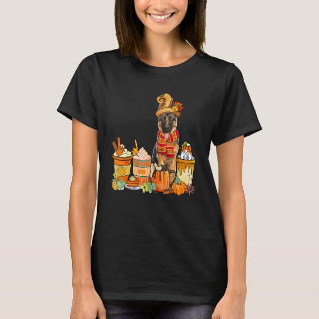 Camiseta German Shepherd Wearing Hat With Coffee Cups Fall  (Frente)