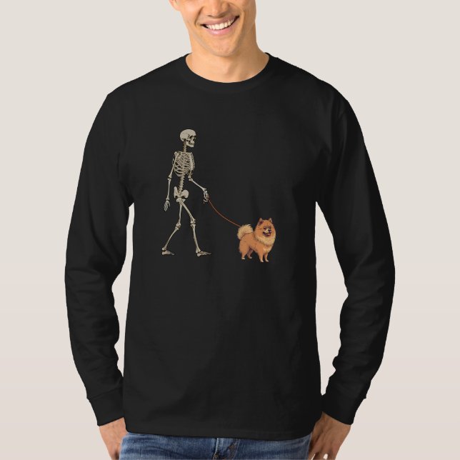 Camiseta German Spitz Skeleton Dog Walking Halloween Dog (Frente)