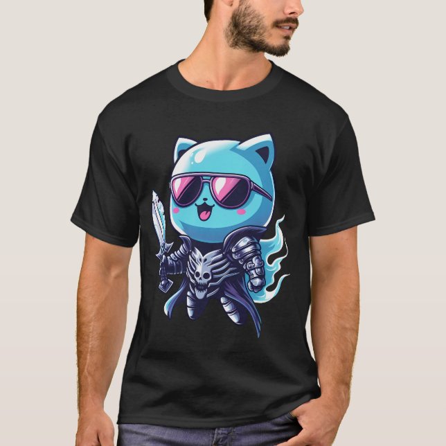 Camiseta Ghost Cat Armadura Mítica do Céu com Espada e Somb (Frente)