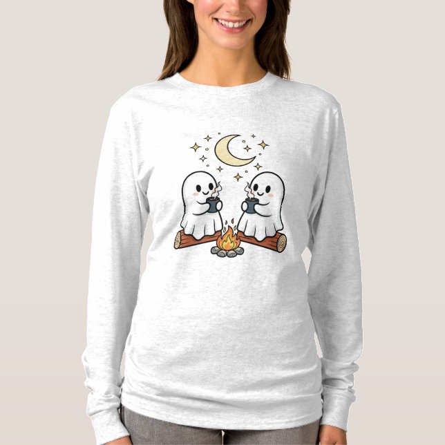 Camiseta Ghost Cute Campfire Cozy Halloween Leve Tee (Frente)