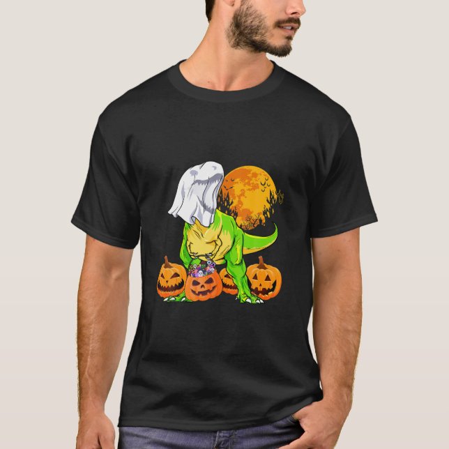 Camiseta Ghost Dinosaur T Rex Pumpkin Com Lua Halloween (Frente)