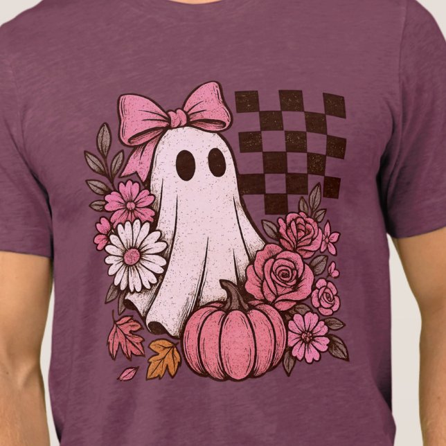 Camiseta Ghost Girl retrorada cor-de-rosa com Arco Hallowee (This coquette ghost retro Halloween design combines floral sweetness with spooky spirit.)