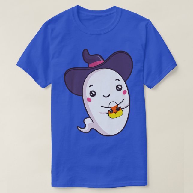 Camiseta Ghost Holding Candy Corn Cute Funny Halloween Cost (Frente do Design)