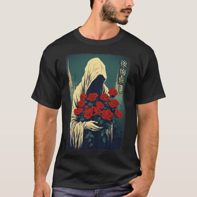 Camiseta Ghost Holding Rosas vermelhas Halloween Sad Rua es (Frente)