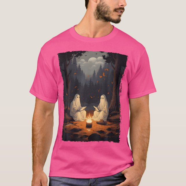 Camiseta Ghost Reading Book Camping Campfire Halloween Spot (Frente)