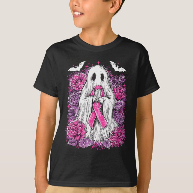 Camiseta Ghost Ribbon Breve Cancer Sensibilização Halloween (Frente)