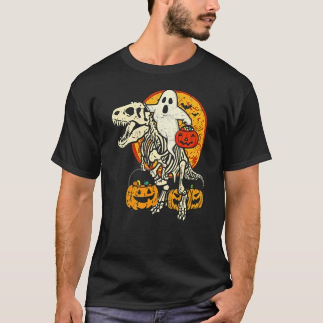 Camiseta Ghost Riding Skull Dinosaur Halloween Skeleton Rex (Frente)