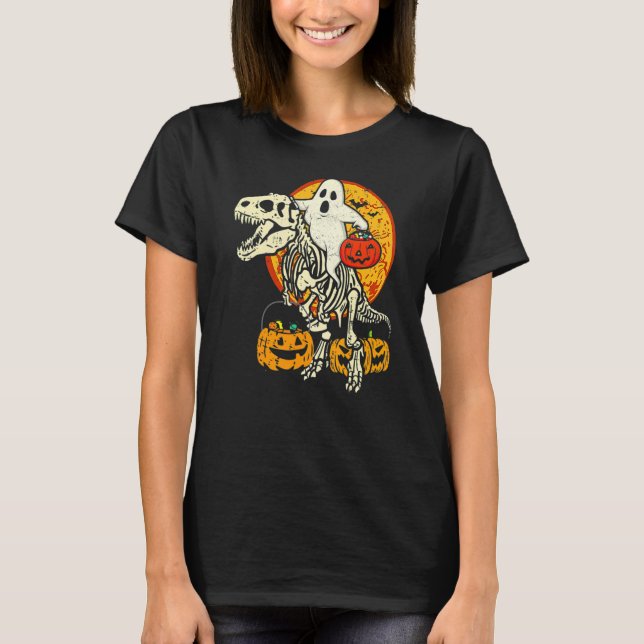 Camiseta Ghost Riding Skull Dinosaur Halloween Skeleton Rex (Frente)
