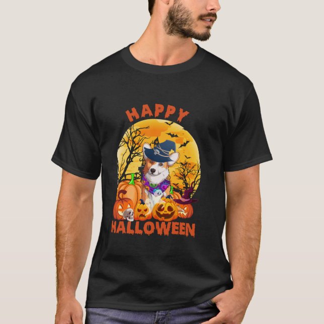Camiseta Ghost Scary Pumpkin Moon Witch Corgi Dog Halloween (Frente)