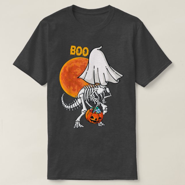Camiseta Ghost Skeleton Dinossaur Engraçado Boo Halloween B (Frente do Design)