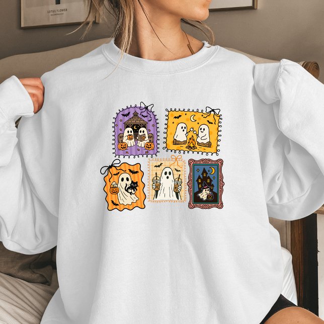 Camiseta Ghost Stamps Women’s Halloween Sweatshirt | Cute C (Cute Halloween ghost stamp design)
