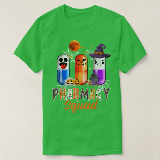 Camiseta Ghost Witch Pumpkin Pula Farmácia Halloween (Frente do Design)