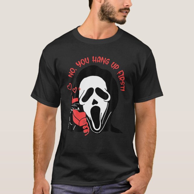 Camiseta Ghostface Chamando Halloween Engraçado, Gritar Que (Frente)