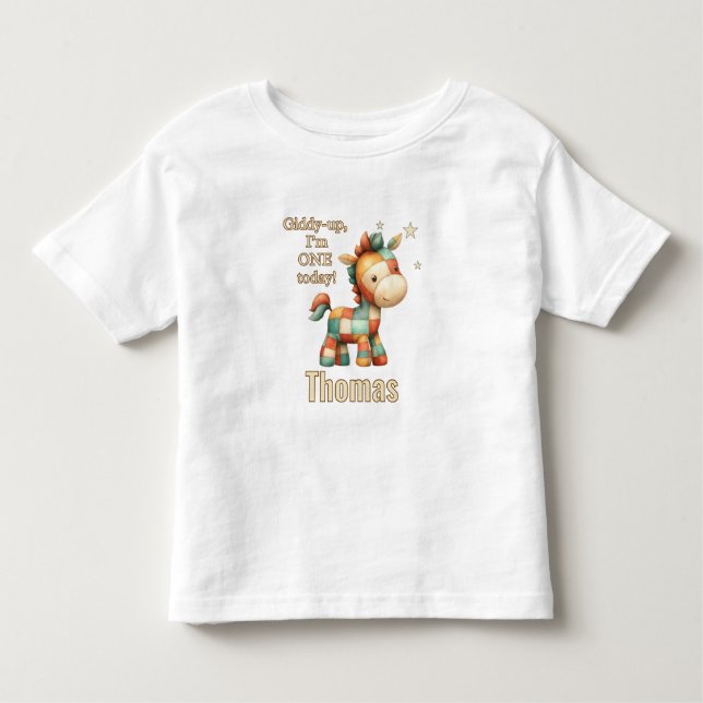 Camiseta Giddy-Up Patchwork Pony First Birthday (Frente)