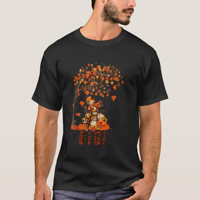 Camiseta Gigi Leopard Pumpkins tia Fall Obrigados de Árvore (Frente)