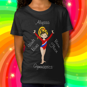 Camiseta Ginástica Preta / Loura, Olhos Hazel, Leotard Verm