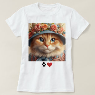 Camiseta Ginger Cat em Blue Hat com Flores Cat Lover