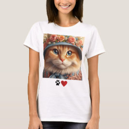 Camiseta Ginger Cat em Blue Hat com Flores Cat Lover