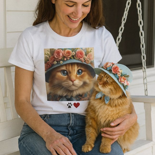 Camiseta Ginger Cat em Blue Hat com Flores Cat Lover ( a warm, spring‑fresh porch moment with the lady on her swing, petting her cat . Pet lovers  t-shirt)