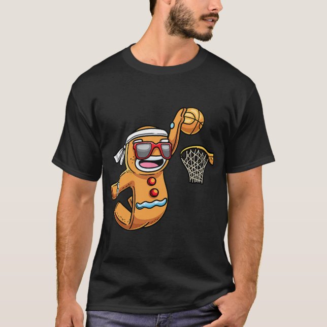 Camiseta Gingerbird Man Jogando Basquete Natal (Frente)