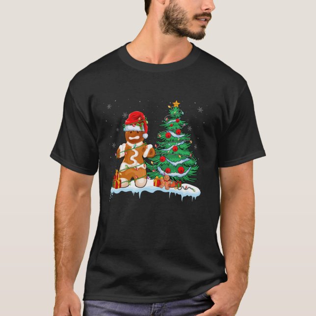 Camiseta Gingerbird Man Vestindo Santa Hat Xmas Light Chris (Frente)