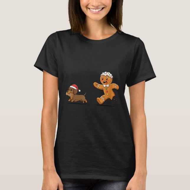 Camiseta Gingerbread Cookie Chasing Dachshund Christmas Dog (Frente)