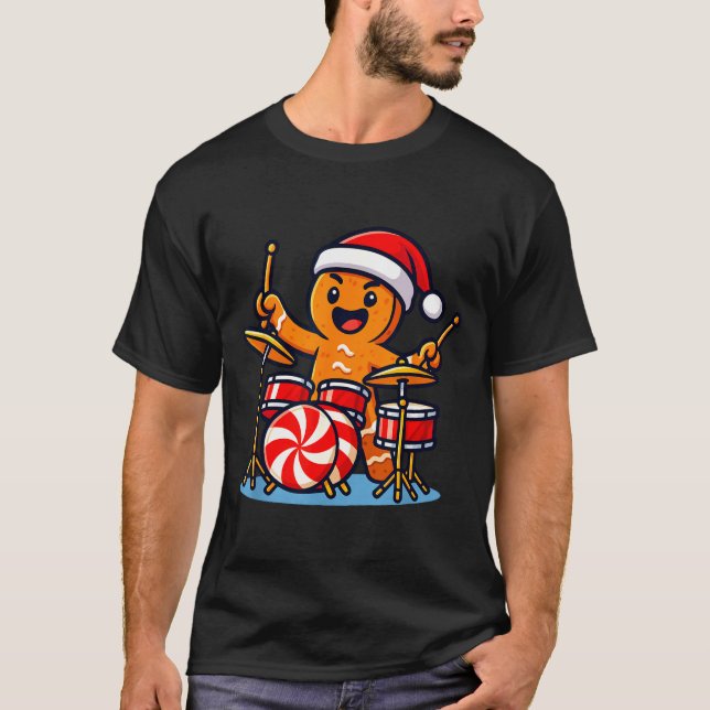 Camiseta Gingerbread Man Playing Drums  (Frente)