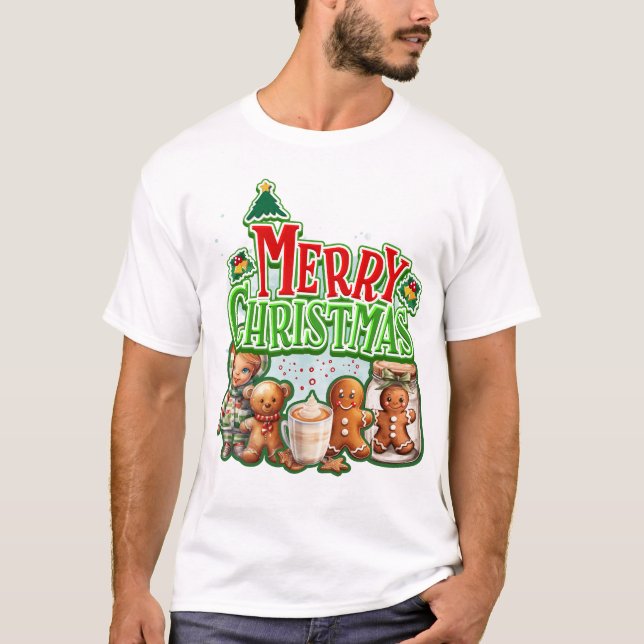 Camiseta Gingerbreads de Natal Verdes e Crianças com (Frente)