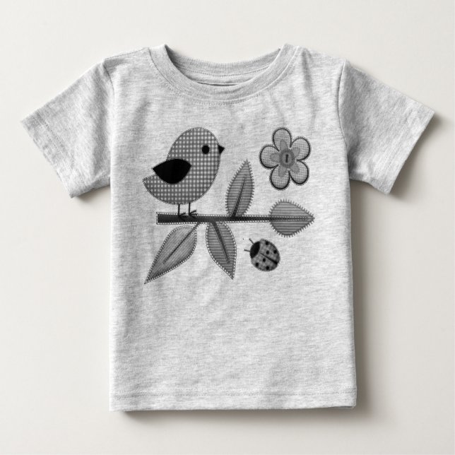 Camiseta Gingham Bird e Ladybug Garden Art (Frente)