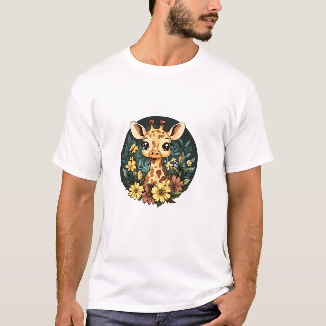 Camiseta Girafa Adorável Cercada Por Flores _4 (Frente)