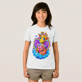 Camiseta Girafa Bonita Agitando um Travesseiro de Coração e
